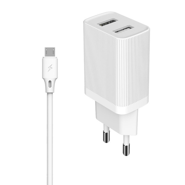 Kingkong charger EU adapter 2x USB 2.1A + 1m micro USB cable white (WP-U79m white)