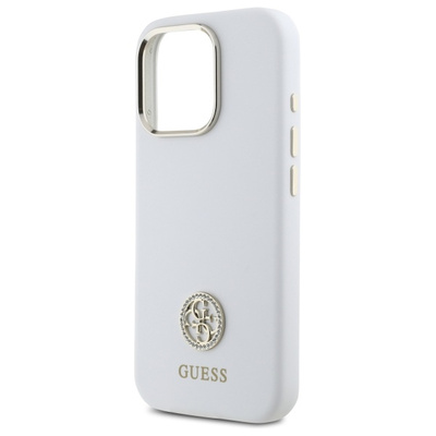 Guess Silikon Logo Strass 4G Hülle für iPhone 16 Pro – weiß