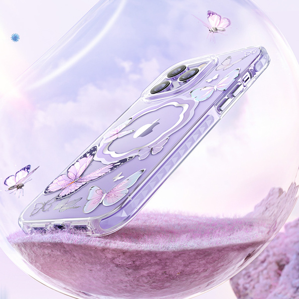 Kingxbar Butterfly Series magnetyczne etui iPhone 14 Pro Max MagSafe etui z motylami niebieskie
