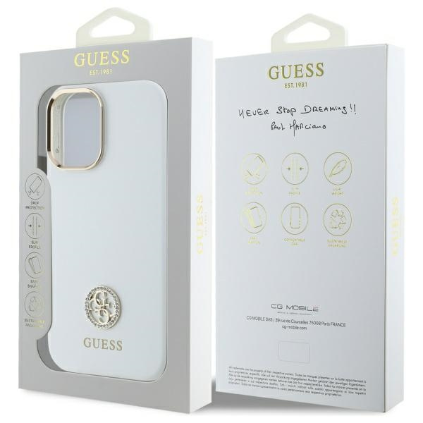 Guess Silikon Logo Strass 4G Hülle für iPhone 16 – weiß