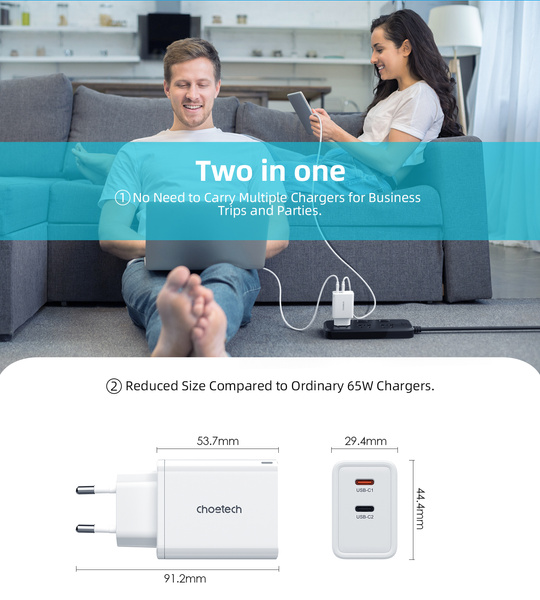 Choetech PD6013 2x USB-C PD 65W GaN Wandladegerät – Weiß