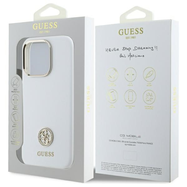 Guess Silikon Logo Strass 4G Hülle für iPhone 16 Pro – weiß