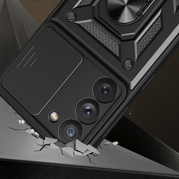 Hybrid Armor Camshield Hülle für Samsung Galaxy A34 5G gepanzerte Hülle mit Kameraabdeckung blau