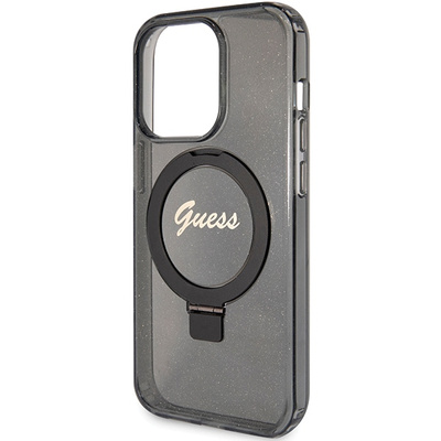 Guess Ring Stand Script Glitter MagSafe-Hülle für iPhone 15 Pro Max – Schwarz