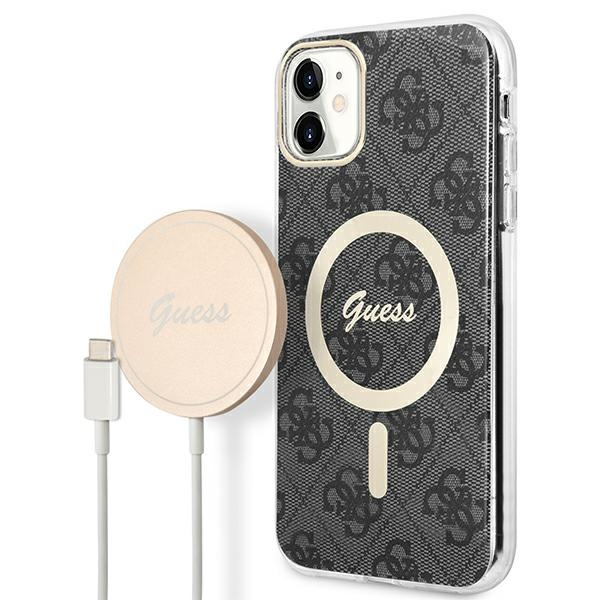 Set Guess GUBPN61H4EACSK Hülle+Ladegerät iPhone 11 6.1" schwarz/schwarz Hartschale 4G Print MagSafe