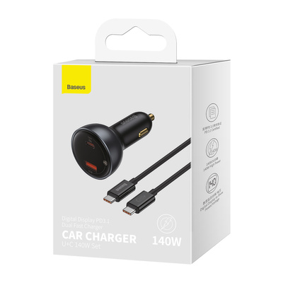 Baseus Digital Display Fast Car Charger USB-A / USB-C PD3.1 140W schwarz + USB-C Kabel Baseus Superior Series 5A 240W 1m schwarz (CGZX070001)