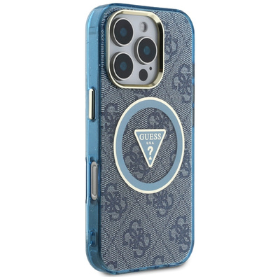 Guess IML Metal Glitter 4G Circle Triangle MagSafe Case für iPhone 16 Pro - Blau