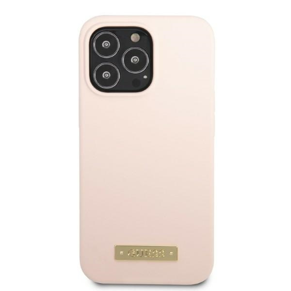 Etui Guess Silicone Logo Plate MagSafe na iPhone 13 Pro / iPhone 13 - różowe