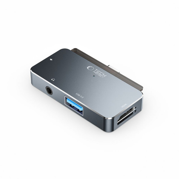 HUB Tech-Protect V6 4w1 USB-C - USB-A 3.0 / USB-C PD100W / HDMI / mini jack 3.5mm - szary