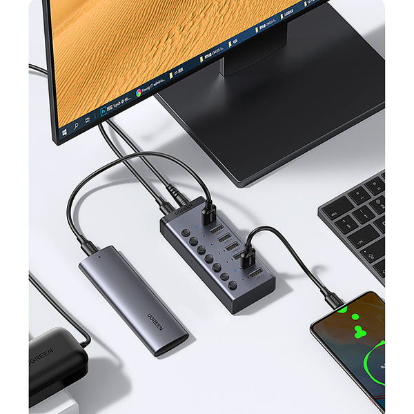 Ugreen Multifunktions HUB 7in1 USB Typ C - 7x USB Typ A 3.0 PD DC 12V grau (CM481)