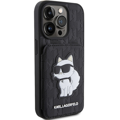 Karl Lagerfeld Saffiano Kartenfächer und Ständer Monogram Choupette Hülle für iPhone 15 Pro Max – Schwarz