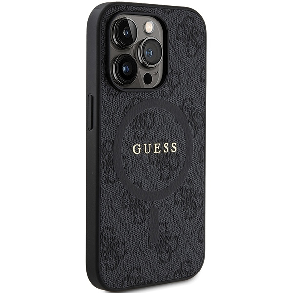 Guess 4G Collection Leder-Metall-Logo-MagSafe-Hülle für iPhone 15 Pro – Schwarz