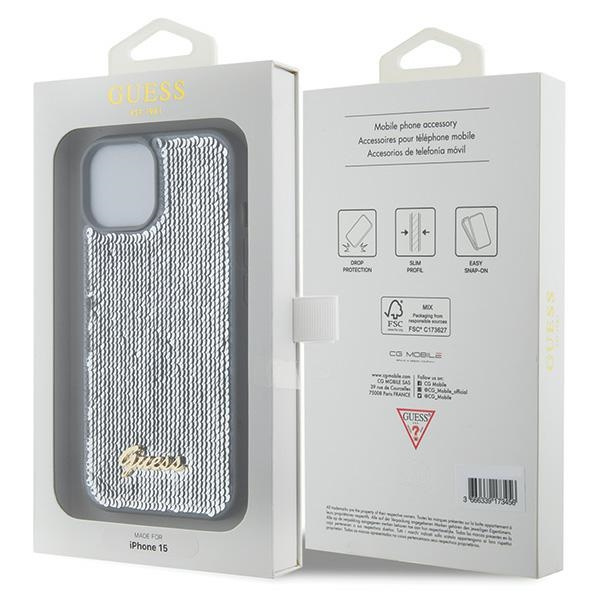 Guess Pailletten-Schriftzug-Metallgehäuse für iPhone 15 – Silber