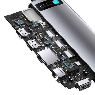 Baseus Metal Gleam 11in1 multifunktionaler USB Type C HUB - 3x USB 3.2 Gen 1 5Gbps / USB Type C PD 100W / 3,5 mm Miniklinke AUX / VGA Full HD 60Hz / 2x HDMI 4K 30Hz / TF- und SD-Kartenleser / RJ45 1Gbps grau (CAHUB -CT0G)