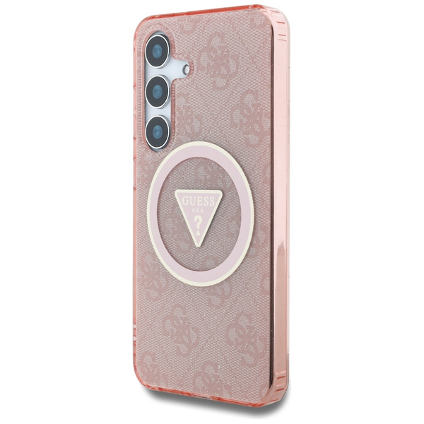 Guess 4G Glitter Triangle Buttons MagSafe Hülle für Samsung Galaxy S25 rosa
