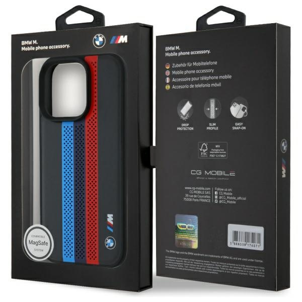 BMW M Performance Tricolor bedruckte Streifen MagSafeMagSafe Hülle für iPhone 16 Pro Max – Schwarz