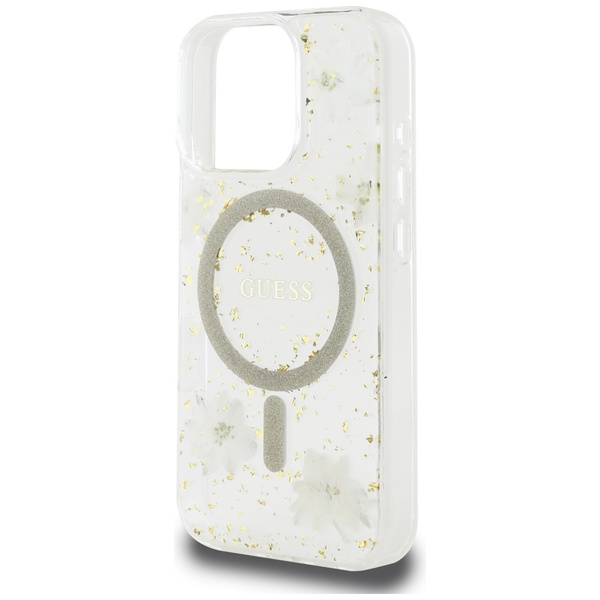 Guess Resin Flowers Glitter MagSafe iPhone 16 Pro Max Case - Beige