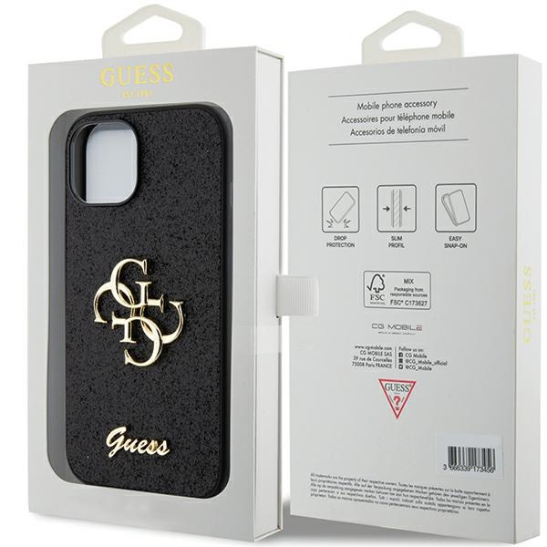Guess Glitter Script Big 4G Hülle für iPhone 15 – Schwarz