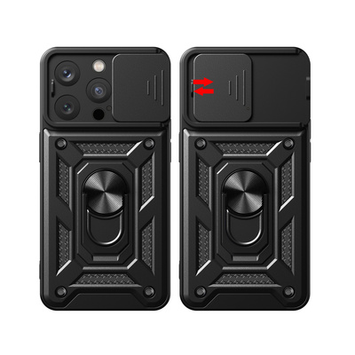 Pancerne etui z podstawką i osłoną aparatu do iPhone 15 Pro Max Hybrid Armor Camshield - czarne