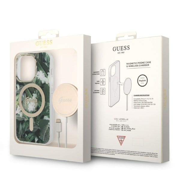 Etui Guess Jungle MagSafe na iPhone 14 Pro Max + ładowarka indukcyjna - zielone