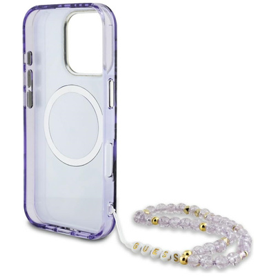 Etui Guess Palm Trees Triangle Pearl Strap MagSafe do iPhone 16 Pro fioletowy