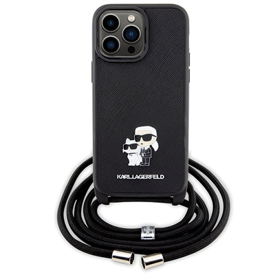 Karl Lagerfeld KLHCP14XSAKCPSK Hülle für iPhone 14 Pro Max 6,7" Hardcase – Schwarz Crossbody Saffiano Metal Pin Karl&Choupette