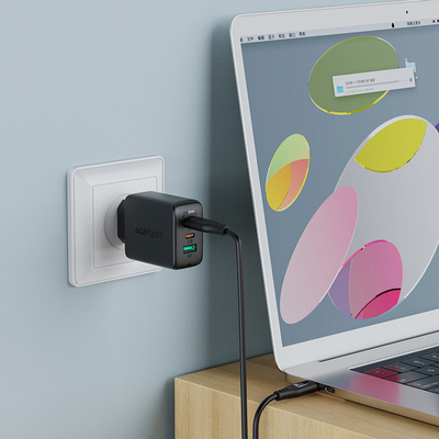 Acefast 2in1 Wandladegerät 2x USB-C / USB-A 65W, PD, QC 3.0, AFC, FCP (Set mit USB-C 1,2m Kabel) schwarz (A13 schwarz)