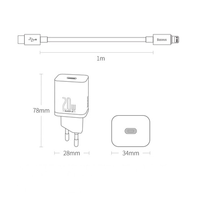 Baseus Super Si 1C Schnellladegerät USB Typ C 20W Power Delivery + USB-Kabel Typ C - Lightning 1m schwarz (TZCCSUP-B01)