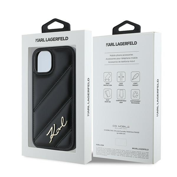 Karl Lagerfeld Diagonal Quilted Script Hülle für iPhone 15 Plus / 14 Plus – Schwarz