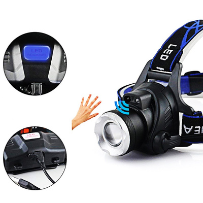 Latarka czołowa lampa lampka T6 czołówka na głowę z bezdotykowym włącznikiem LED Zoom ładowana przez micro USB czarny