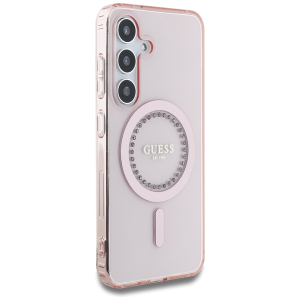 Guess Strass bedrucktes klassisches Logo MagSafe Samsung Galaxy S25 Hülle rosa
