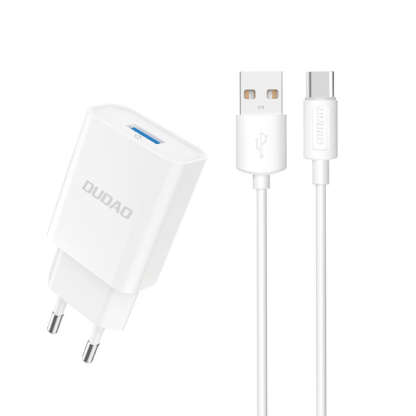 Dudao ładowarka sieciowa EU USB 5V/2.4A QC3.0 Quick Charge 3.0 + kabel przewód USB Typ C biały (A3EU + Type-c white)