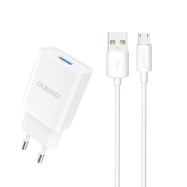 Dudao ładowarka sieciowa EU USB 5V/2.4A QC3.0 Quick Charge 3.0 + kabel przewód micro USB biały (A3EU + Micro white)